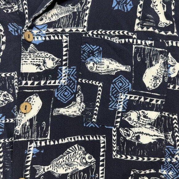 KS Island Mens 2XL Tall Blue Fish Short Sleeve Button Up Hawaiian Shirt - Picture 3 of 6